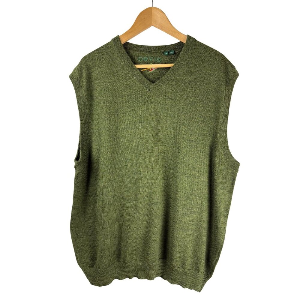 VTG Orvis Mens XL Green Merino Wool V-Neck Sleeveless Embroidered Sweater Vest